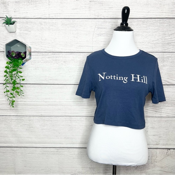 Topshop Navy Blue Notting Hill Crop Top Boxy Cropped Graphic Tee Size 12 Large - Picture 9 of 9